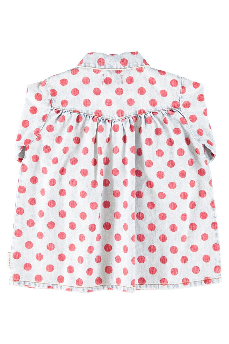 Piupiuchick | Short dress light blue denim w/ red dots