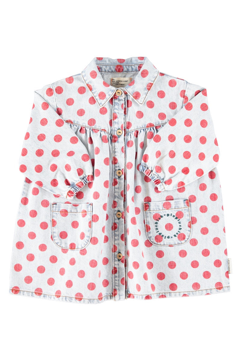 Piupiuchick | Short dress light blue denim w/ red dots