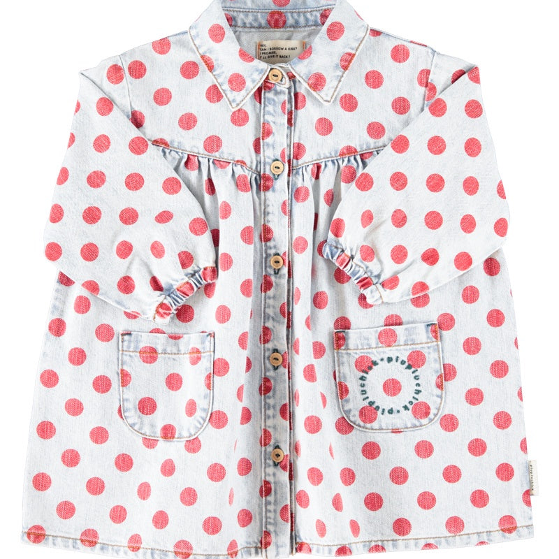 Piupiuchick | Short dress light blue denim w/ red dots
