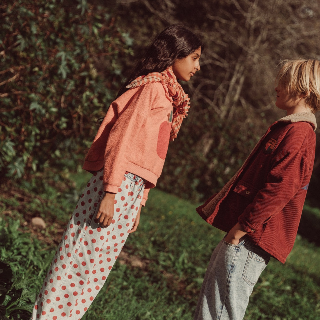 Piupiuchick | Trousers light blue denim w/ red dots