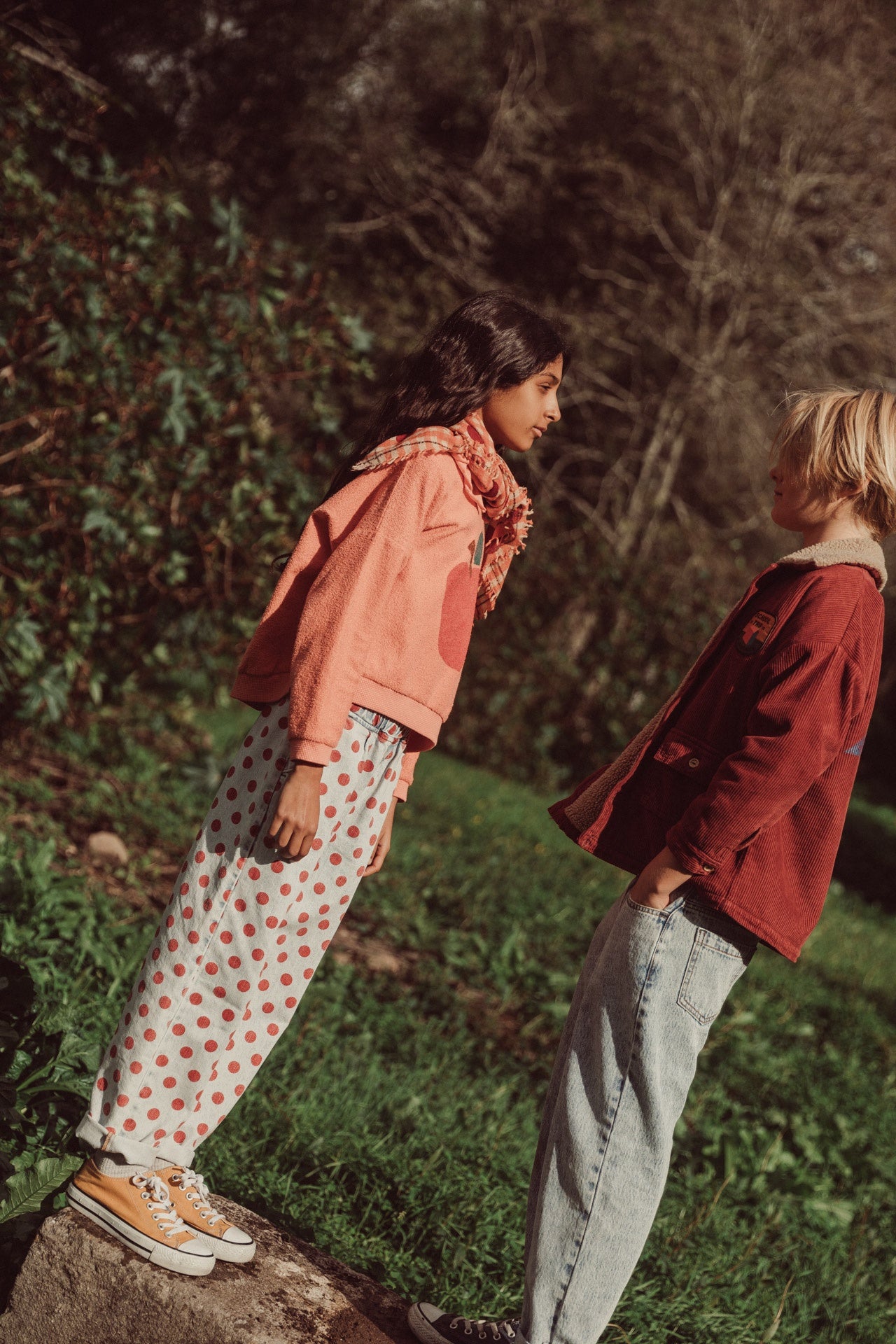 Piupiuchick | Trousers light blue denim w/ red dots