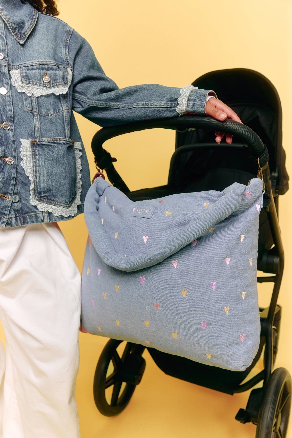 Studio Noos | Denim Diaper Bag | Light Blue Hearts