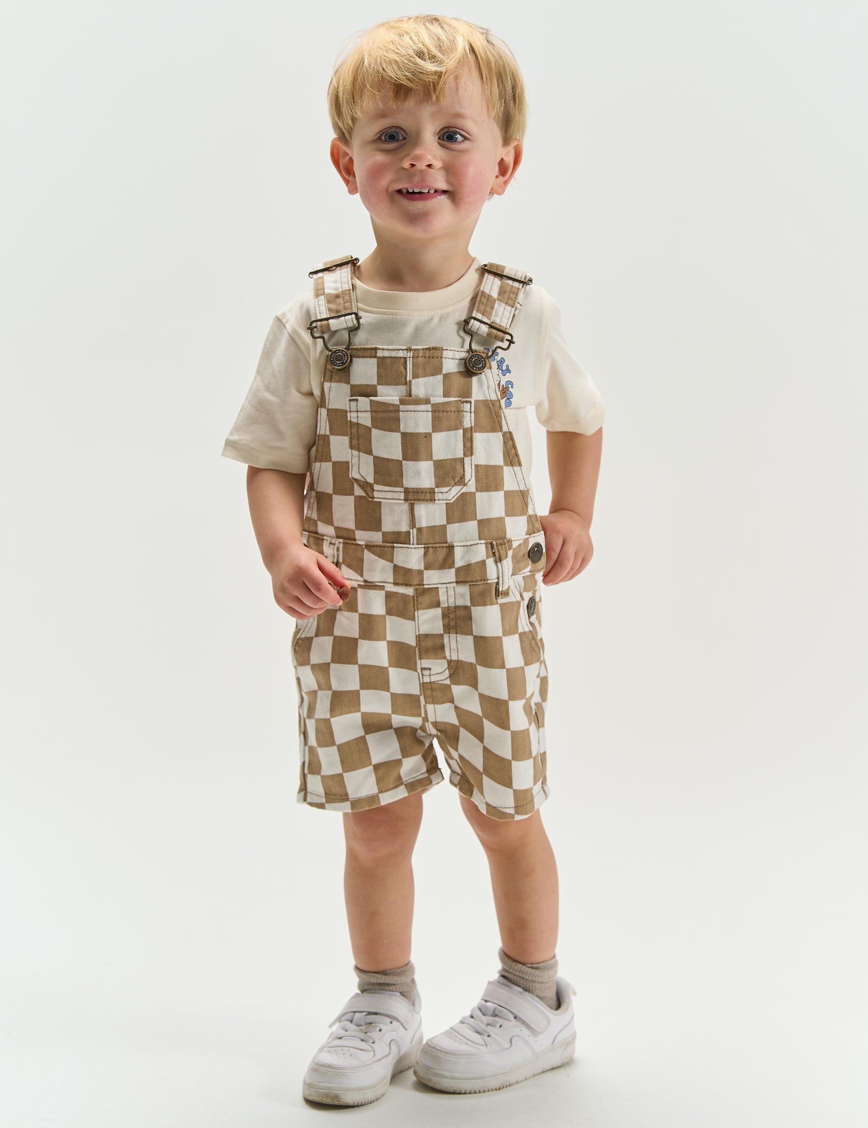 The New Siblings Twill short dungarees humus check