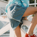 Tiny Cottons | Stripes denim shorts | light wash denim